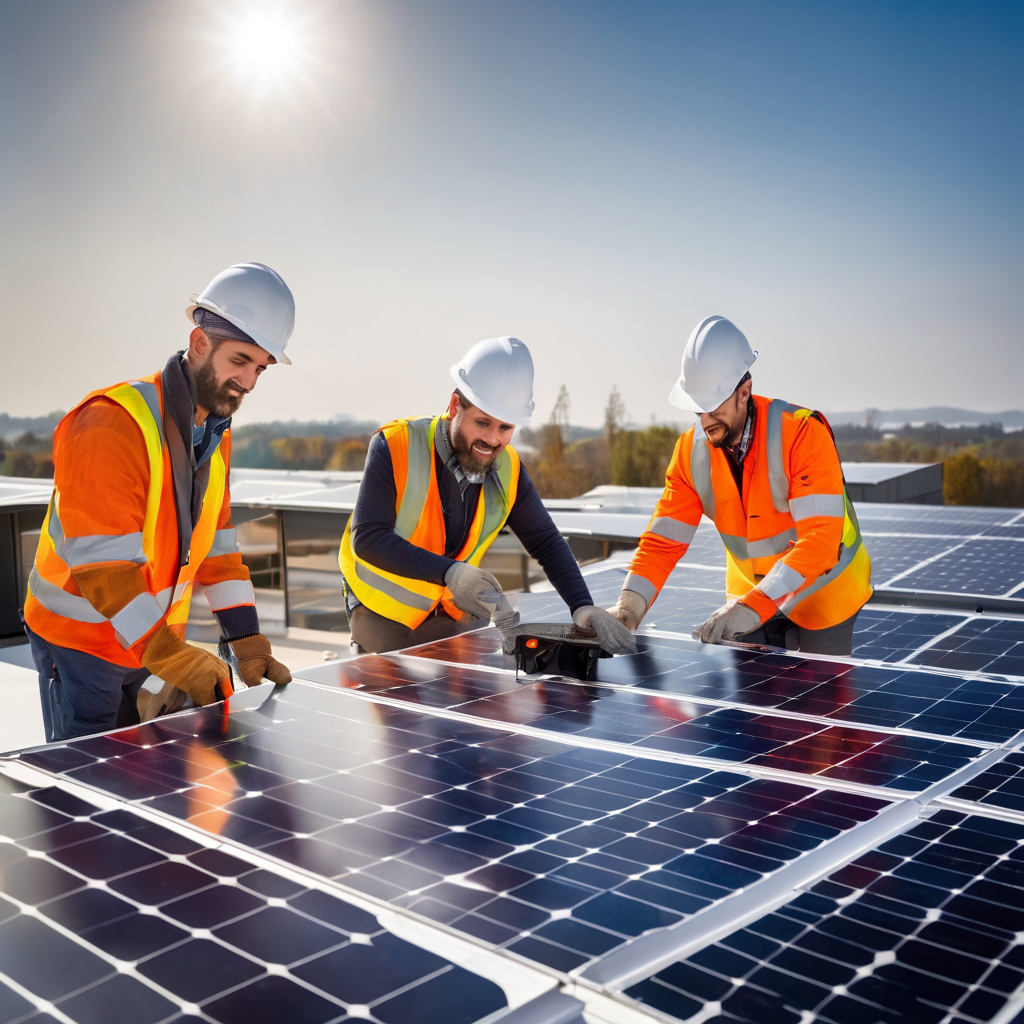 Solar energy installation professional team at work